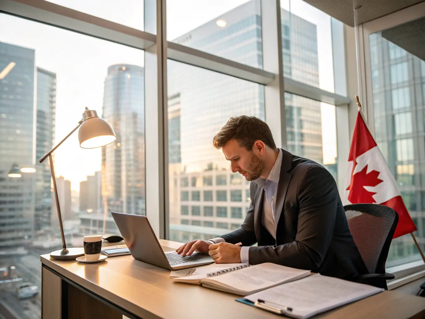 A professional man in a suit confidently reviewing loan documents in a modern office setting, symbolizing trust and financial expertise.