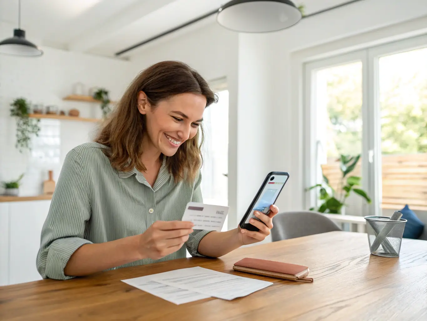 A young woman happily using a mobile banking app to manage her personal loan, illustrating convenience and digital accessibility.